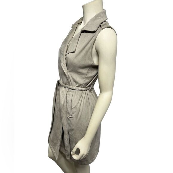 Kendall & Kylie Suede Sleeveless Robe Sweater Soft Tan Long Sweater Vest Belted - Picture 3 of 14